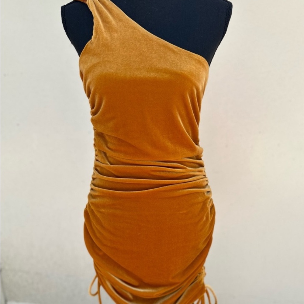 Yellow Orange Asymmetrical Ruched One Shoulder Dress